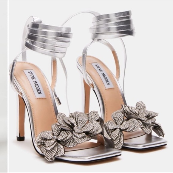 Steve Madden Ultima Silver Strappy Heels with Floral Rhinestone Bedazzled - Picture 1 of 11